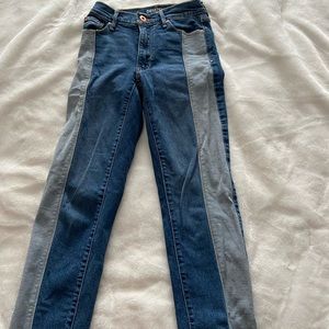 striped straight leg medium wash jeans